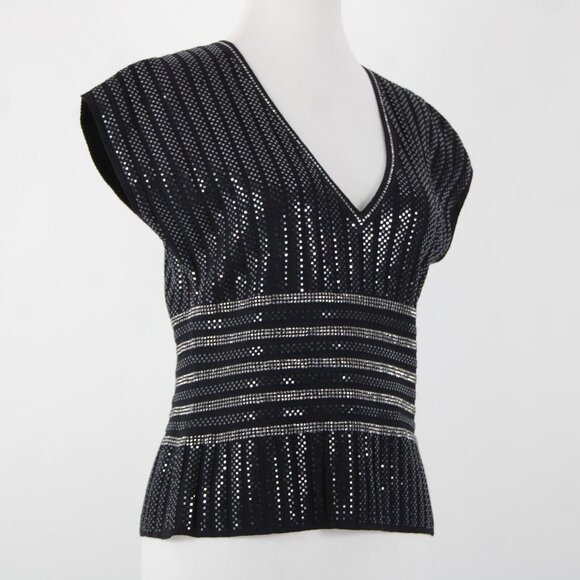St John Evening Sz 8 Black Silver Stud Paillettes V Neck Santana Knit Top - Picture 4 of 10